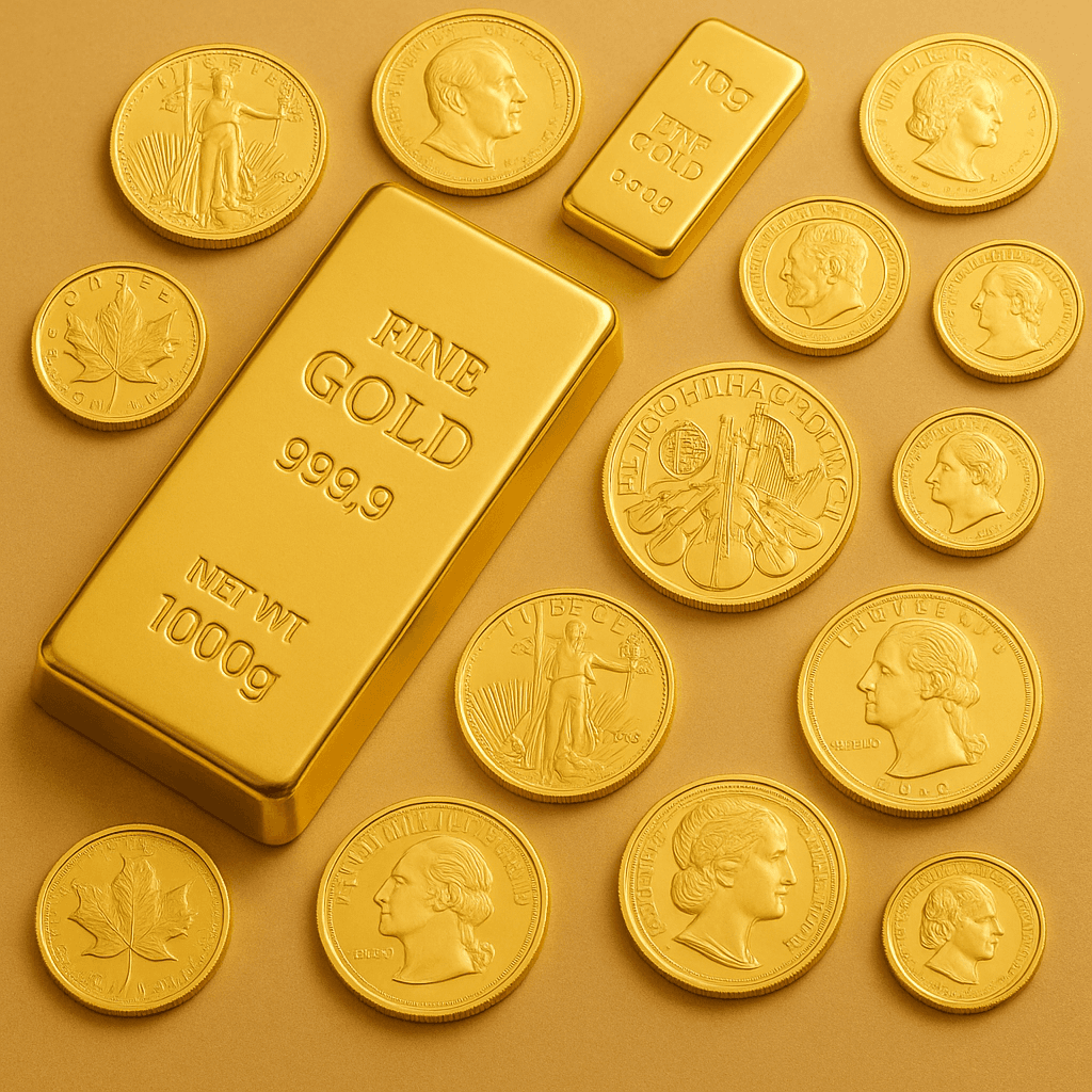 Goldbarren und Goldmünzen verschiedener Größen